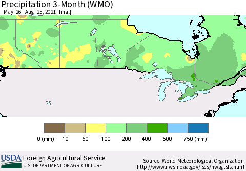 Canada Precipitation 3-Month (WMO) Thematic Map For 5/26/2021 - 8/25/2021