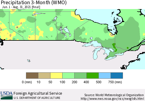 Canada Precipitation 3-Month (WMO) Thematic Map For 6/1/2021 - 8/31/2021
