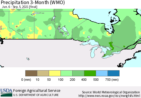 Canada Precipitation 3-Month (WMO) Thematic Map For 6/6/2021 - 9/5/2021