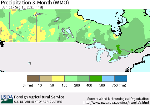 Canada Precipitation 3-Month (WMO) Thematic Map For 6/11/2021 - 9/10/2021