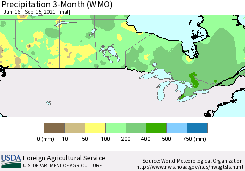 Canada Precipitation 3-Month (WMO) Thematic Map For 6/16/2021 - 9/15/2021