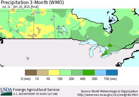 Canada Precipitation 3-Month (WMO) Thematic Map For 7/11/2021 - 10/10/2021