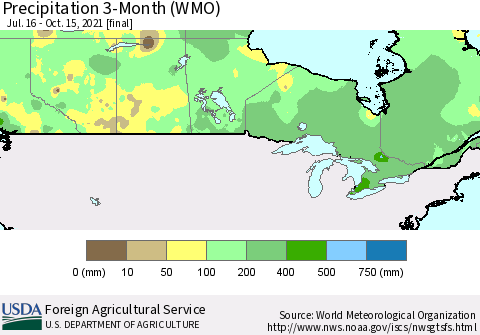 Canada Precipitation 3-Month (WMO) Thematic Map For 7/16/2021 - 10/15/2021
