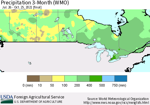 Canada Precipitation 3-Month (WMO) Thematic Map For 7/26/2021 - 10/25/2021