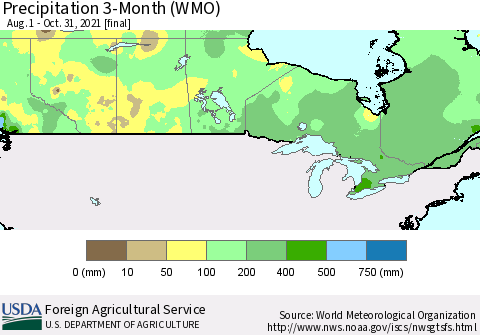 Canada Precipitation 3-Month (WMO) Thematic Map For 8/1/2021 - 10/31/2021