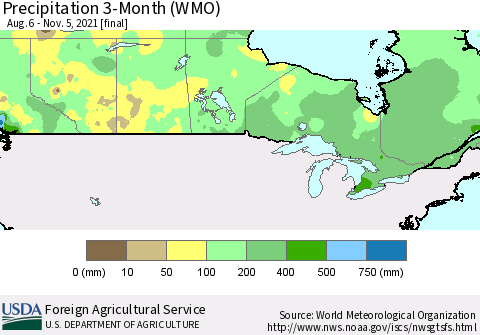 Canada Precipitation 3-Month (WMO) Thematic Map For 8/6/2021 - 11/5/2021