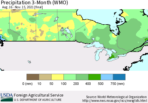 Canada Precipitation 3-Month (WMO) Thematic Map For 8/16/2021 - 11/15/2021