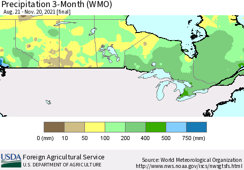 Canada Precipitation 3-Month (WMO) Thematic Map For 8/21/2021 - 11/20/2021