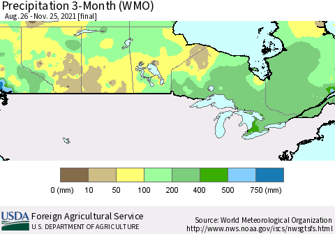 Canada Precipitation 3-Month (WMO) Thematic Map For 8/26/2021 - 11/25/2021