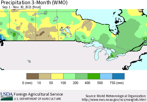 Canada Precipitation 3-Month (WMO) Thematic Map For 9/1/2021 - 11/30/2021