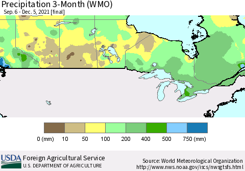 Canada Precipitation 3-Month (WMO) Thematic Map For 9/6/2021 - 12/5/2021