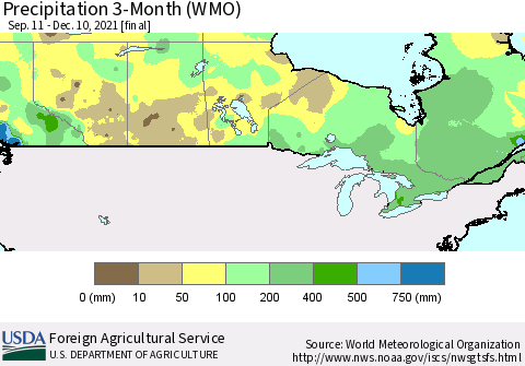 Canada Precipitation 3-Month (WMO) Thematic Map For 9/11/2021 - 12/10/2021