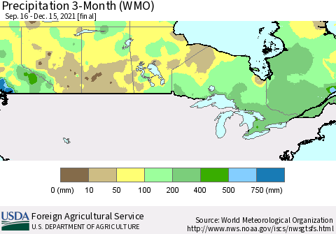 Canada Precipitation 3-Month (WMO) Thematic Map For 9/16/2021 - 12/15/2021