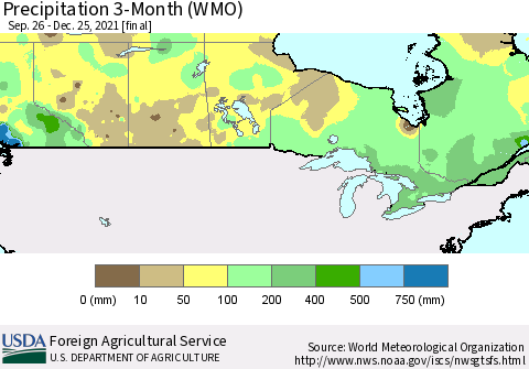 Canada Precipitation 3-Month (WMO) Thematic Map For 9/26/2021 - 12/25/2021