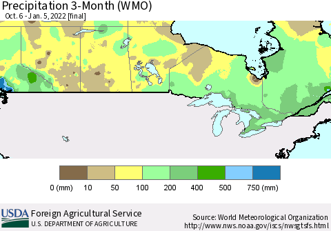Canada Precipitation 3-Month (WMO) Thematic Map For 10/6/2021 - 1/5/2022