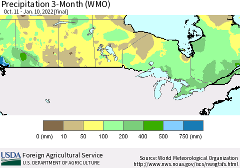 Canada Precipitation 3-Month (WMO) Thematic Map For 10/11/2021 - 1/10/2022