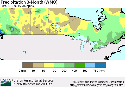 Canada Precipitation 3-Month (WMO) Thematic Map For 10/16/2021 - 1/15/2022