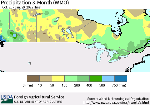 Canada Precipitation 3-Month (WMO) Thematic Map For 10/21/2021 - 1/20/2022