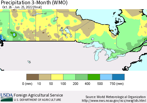 Canada Precipitation 3-Month (WMO) Thematic Map For 10/26/2021 - 1/25/2022