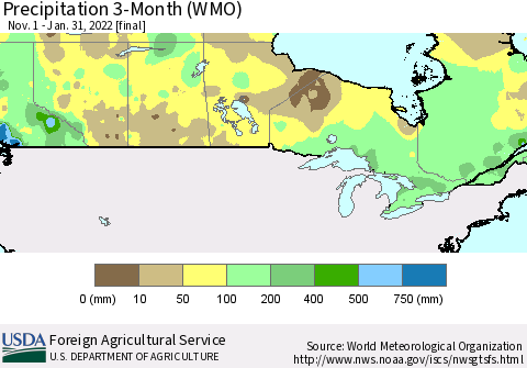 Canada Precipitation 3-Month (WMO) Thematic Map For 11/1/2021 - 1/31/2022