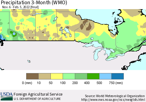 Canada Precipitation 3-Month (WMO) Thematic Map For 11/6/2021 - 2/5/2022