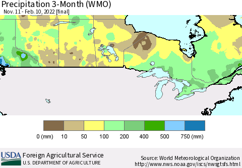 Canada Precipitation 3-Month (WMO) Thematic Map For 11/11/2021 - 2/10/2022