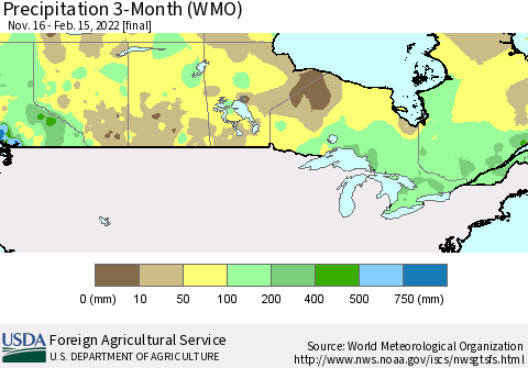 Canada Precipitation 3-Month (WMO) Thematic Map For 11/16/2021 - 2/15/2022