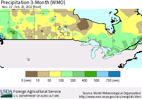 Canada Precipitation 3-Month (WMO) Thematic Map For 11/21/2021 - 2/20/2022