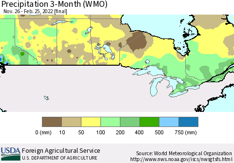 Canada Precipitation 3-Month (WMO) Thematic Map For 11/26/2021 - 2/25/2022