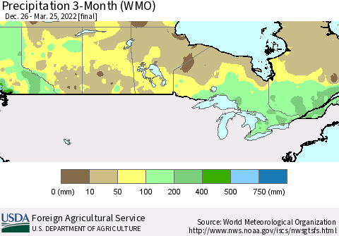 Canada Precipitation 3-Month (WMO) Thematic Map For 12/26/2021 - 3/25/2022