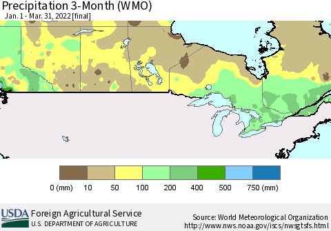 Canada Precipitation 3-Month (WMO) Thematic Map For 1/1/2022 - 3/31/2022