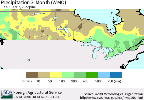 Canada Precipitation 3-Month (WMO) Thematic Map For 1/6/2022 - 4/5/2022