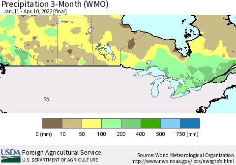 Canada Precipitation 3-Month (WMO) Thematic Map For 1/11/2022 - 4/10/2022