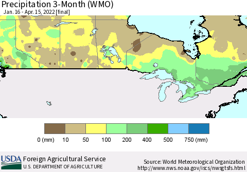Canada Precipitation 3-Month (WMO) Thematic Map For 1/16/2022 - 4/15/2022