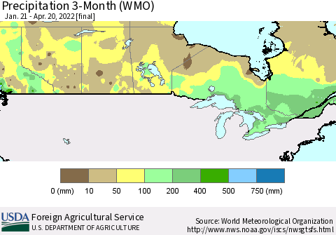 Canada Precipitation 3-Month (WMO) Thematic Map For 1/21/2022 - 4/20/2022