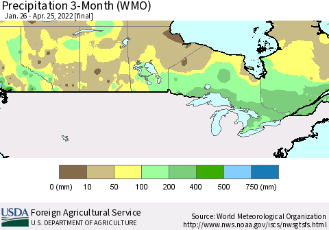 Canada Precipitation 3-Month (WMO) Thematic Map For 1/26/2022 - 4/25/2022