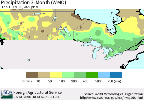 Canada Precipitation 3-Month (WMO) Thematic Map For 2/1/2022 - 4/30/2022