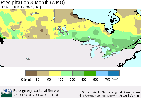 Canada Precipitation 3-Month (WMO) Thematic Map For 2/11/2022 - 5/10/2022