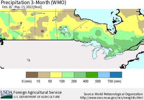 Canada Precipitation 3-Month (WMO) Thematic Map For 2/16/2022 - 5/15/2022