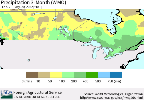 Canada Precipitation 3-Month (WMO) Thematic Map For 2/21/2022 - 5/20/2022
