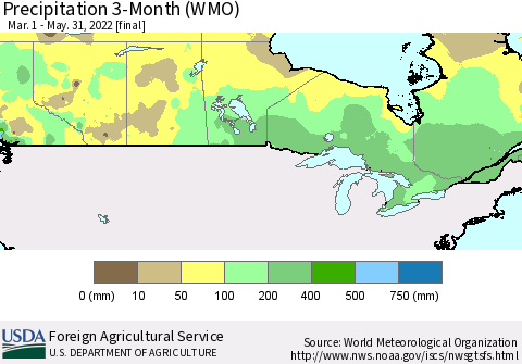 Canada Precipitation 3-Month (WMO) Thematic Map For 3/1/2022 - 5/31/2022