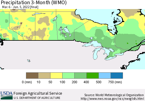 Canada Precipitation 3-Month (WMO) Thematic Map For 3/6/2022 - 6/5/2022