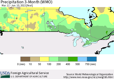 Canada Precipitation 3-Month (WMO) Thematic Map For 3/11/2022 - 6/10/2022
