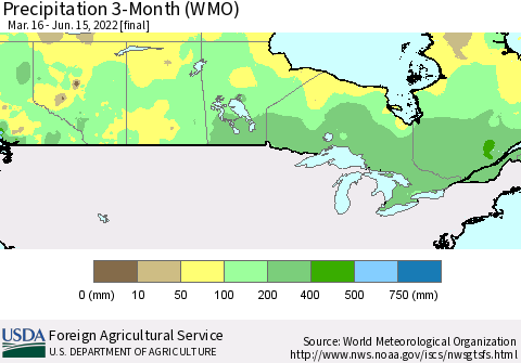 Canada Precipitation 3-Month (WMO) Thematic Map For 3/16/2022 - 6/15/2022