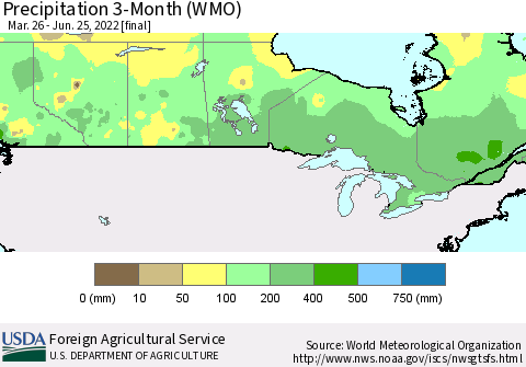 Canada Precipitation 3-Month (WMO) Thematic Map For 3/26/2022 - 6/25/2022