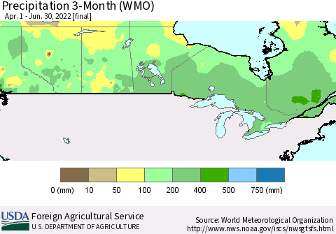 Canada Precipitation 3-Month (WMO) Thematic Map For 4/1/2022 - 6/30/2022