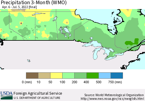 Canada Precipitation 3-Month (WMO) Thematic Map For 4/6/2022 - 7/5/2022