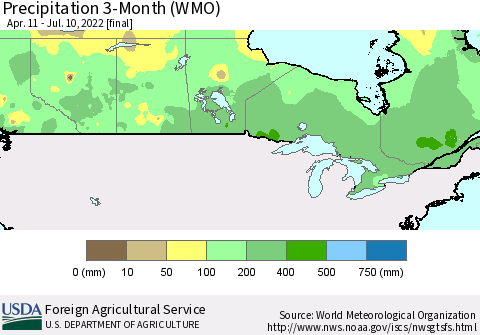 Canada Precipitation 3-Month (WMO) Thematic Map For 4/11/2022 - 7/10/2022