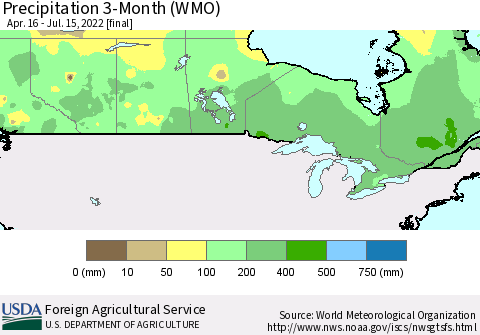 Canada Precipitation 3-Month (WMO) Thematic Map For 4/16/2022 - 7/15/2022