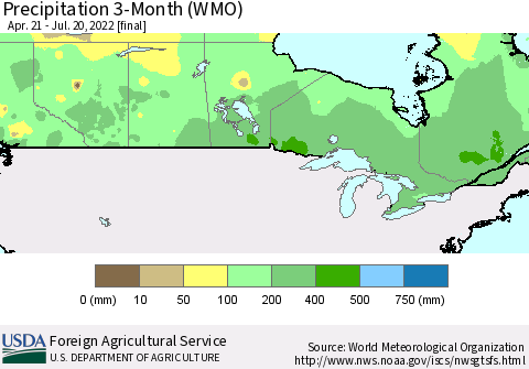 Canada Precipitation 3-Month (WMO) Thematic Map For 4/21/2022 - 7/20/2022